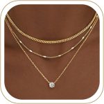 Layered Gold Necklaces for Women, 14K Gold Sterling Silver Plated Dainty Pendant Necklace Set Non Tarnish, Chunky Stackable Cuban Chain Choker, Trendy Birthstone Vacation Jewelry Gift