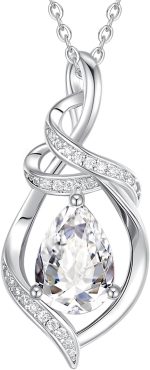 Teardrop Birthstone Necklace for Women S925 Sterling Silver Elegant Ribbon Pendent Necklace Birthday Jewelry Gifts for Mom Wife Her, 16"+2" Inches